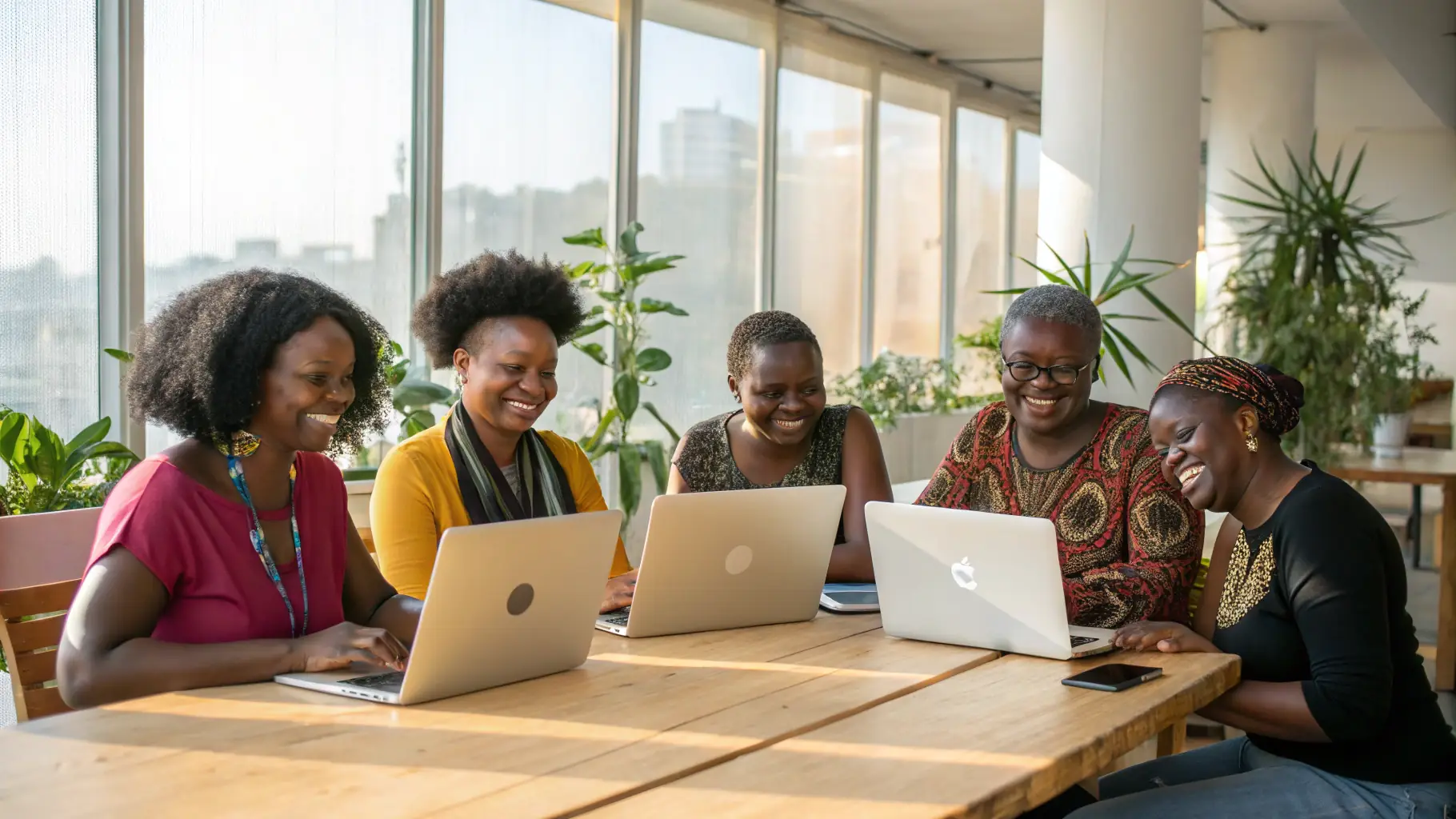 A bright and inviting Hera Hub coworking space with women working collaboratively at tables and in meeting rooms.