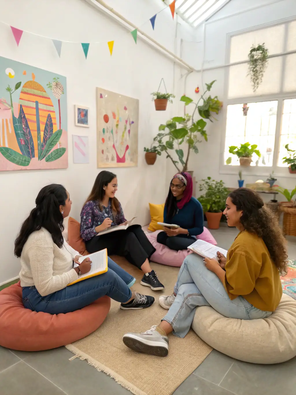 A group of women entrepreneurs collaborating in a bright, spa-inspired coworking space during an in-person workshop.