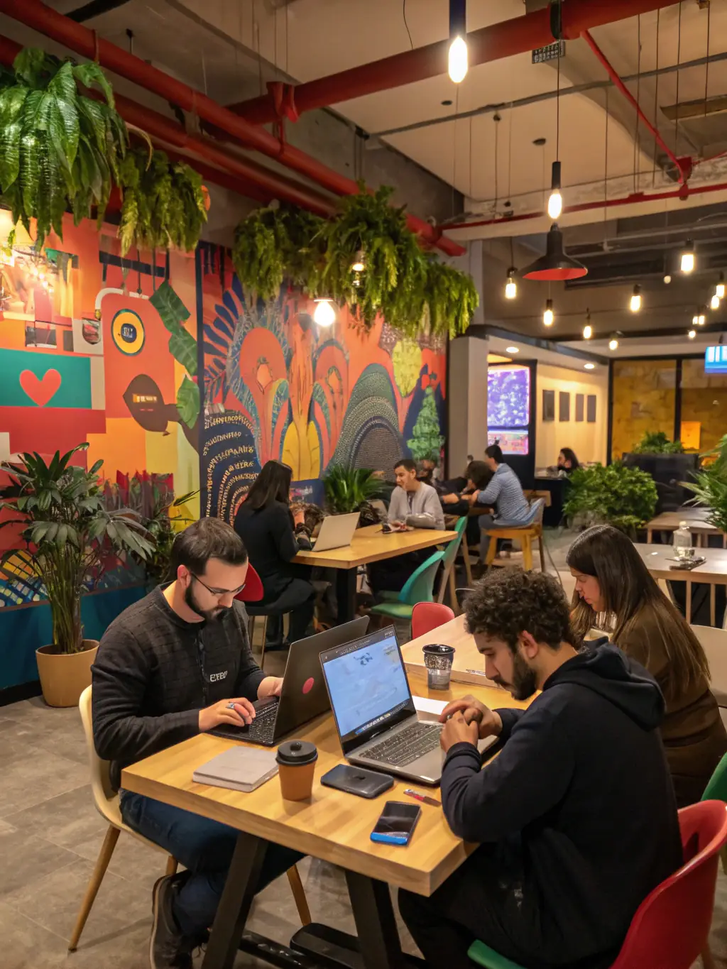 A modern, spa-inspired Hera Hub location with women working at desks, attending meetings, and networking in a comfortable and productive coworking environment.