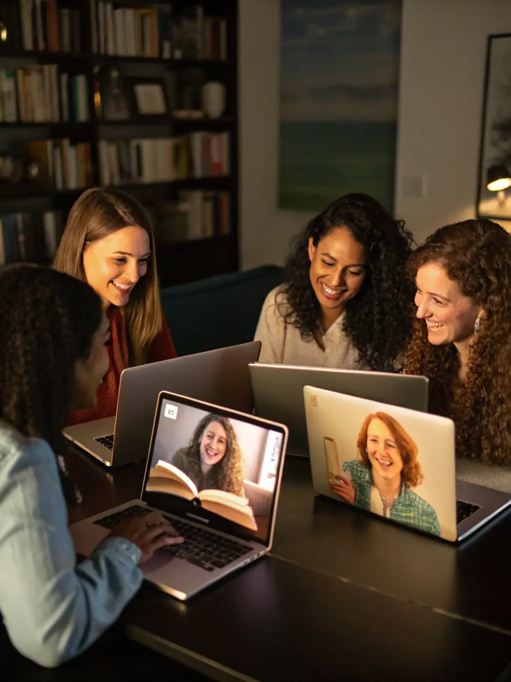 A diverse group of women entrepreneurs participating in a virtual networking event, smiling and engaged in conversation on their screens.