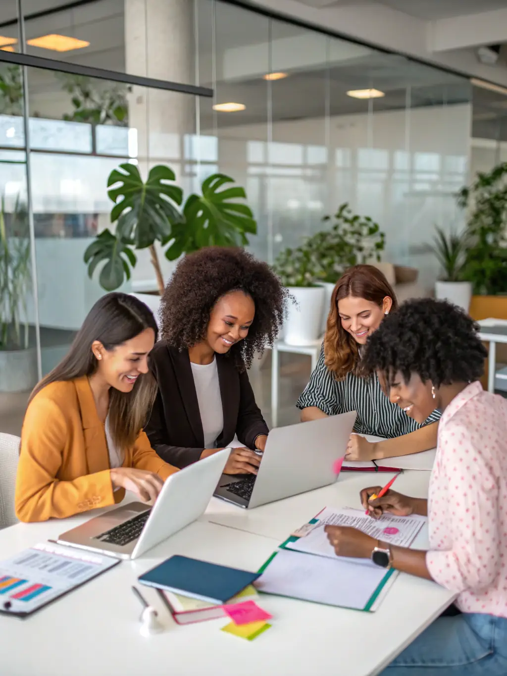 A diverse group of women entrepreneurs participating in a Hera Hub workshop, collaborating on a project with laptops and notebooks, set in a brightly lit, modern coworking space.